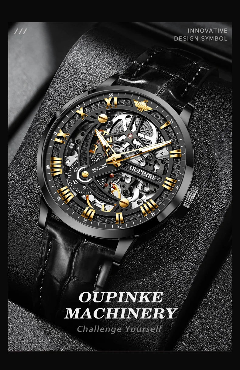 OUPINKE 3173 Luxury Gold Mechanical Watch For Men Hollow Top Brand Original Automatic Wristwatch 50M Waterproof Luminous Watches
