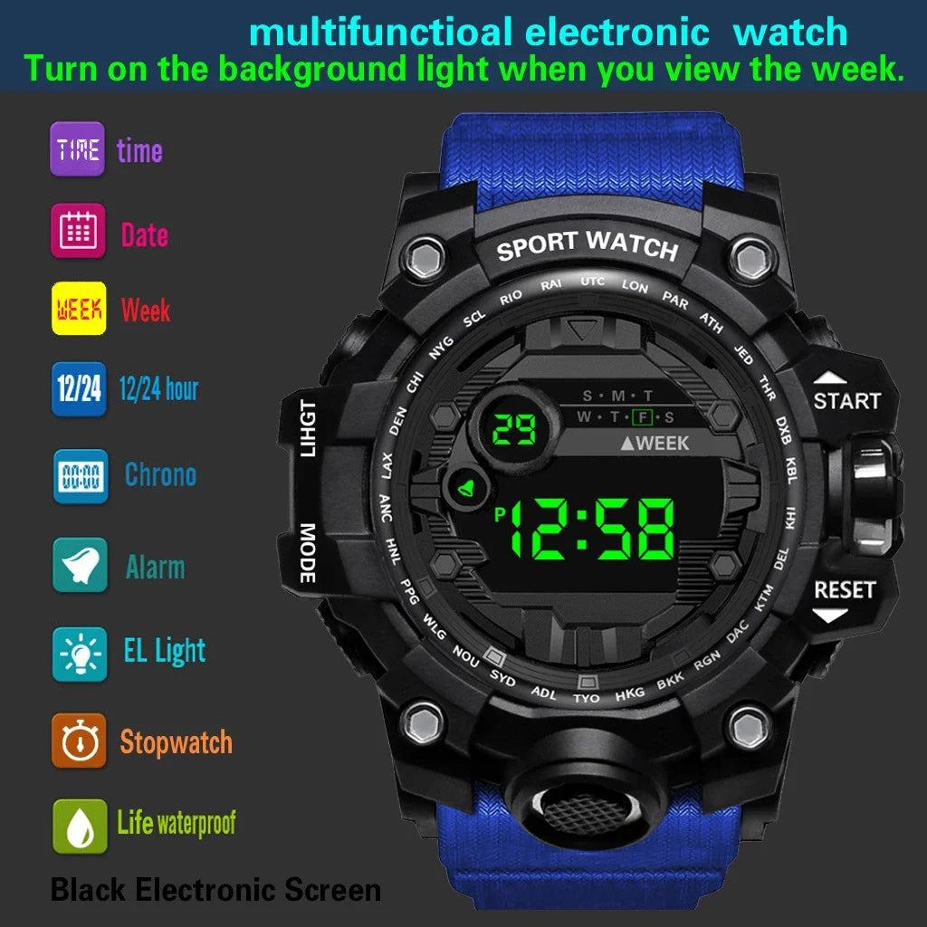 YIKAZE Y12 Men's Sports Watch Waterproof Luminous Men Sport Watch Multifunction Digital Electronic Wristwatch Clock for Boy Kids