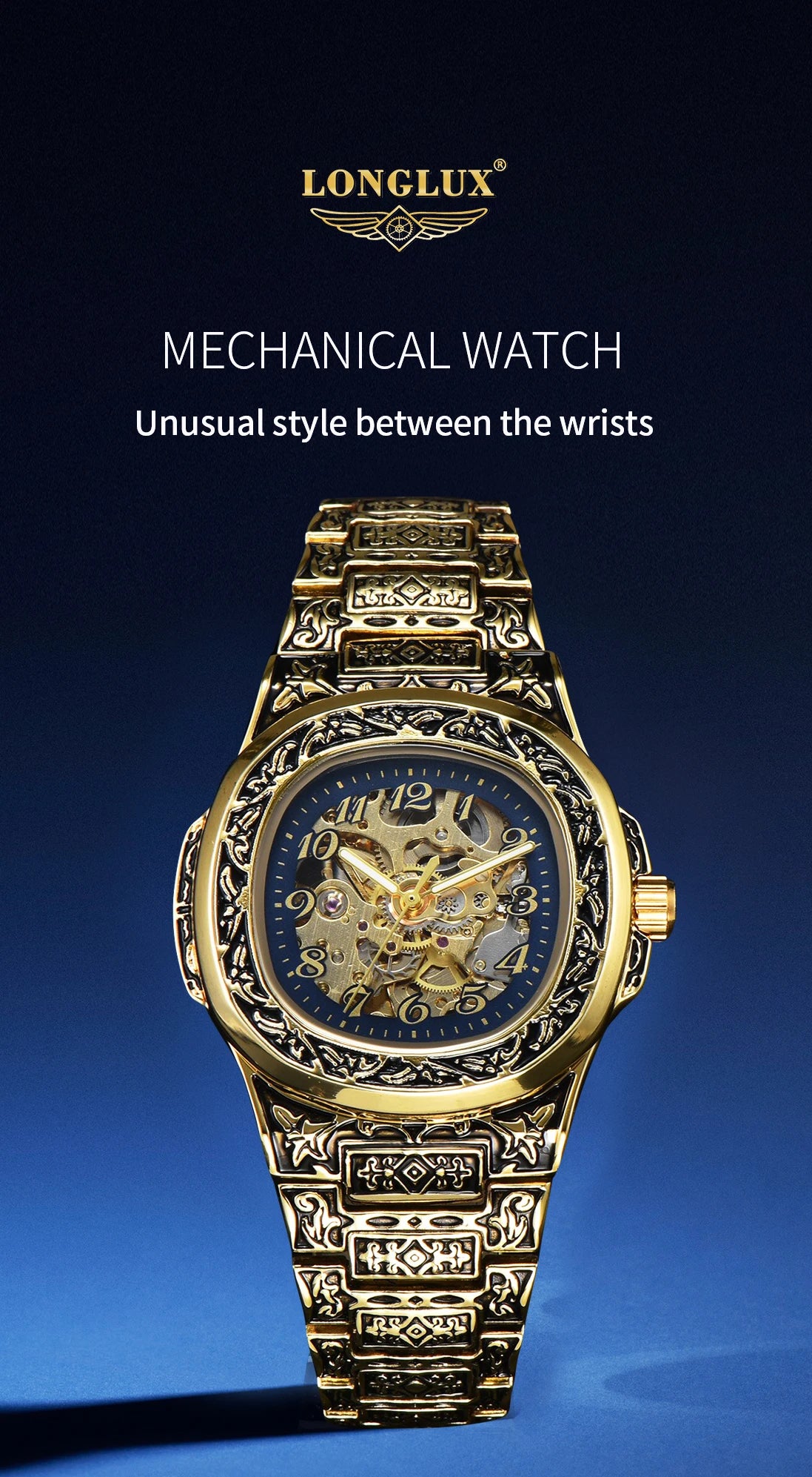 LONGLUX automatic watch for man retro mechanical wristwatches luxury alloyl waterproof skeleton mens watch men gift