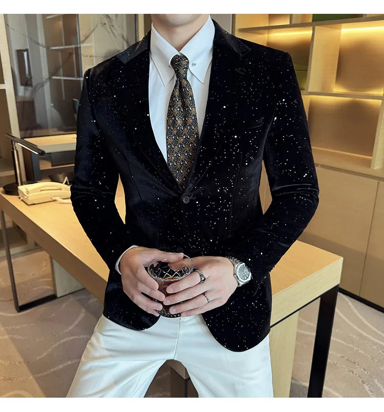 2024 Autumn New Velvet Jacket Men's Blazer Business Fashion Hot Stamping Printed Suit Jacket High-quality Luxury Dress Suit