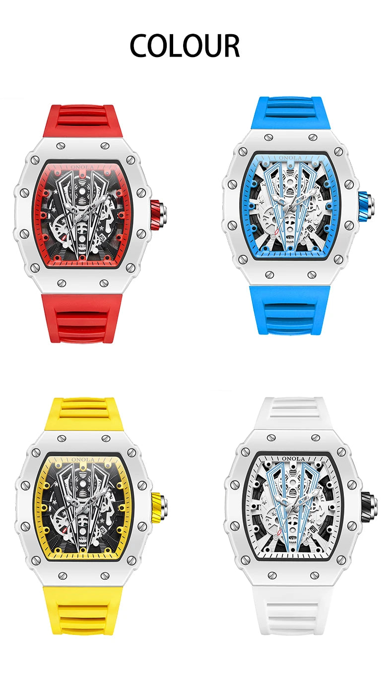 ONOLA Tonneau Mens Watch Fashion White Male Clock Luminous Calendar Water Resistant Silicone Tape Watches for Men Reloj Hombre