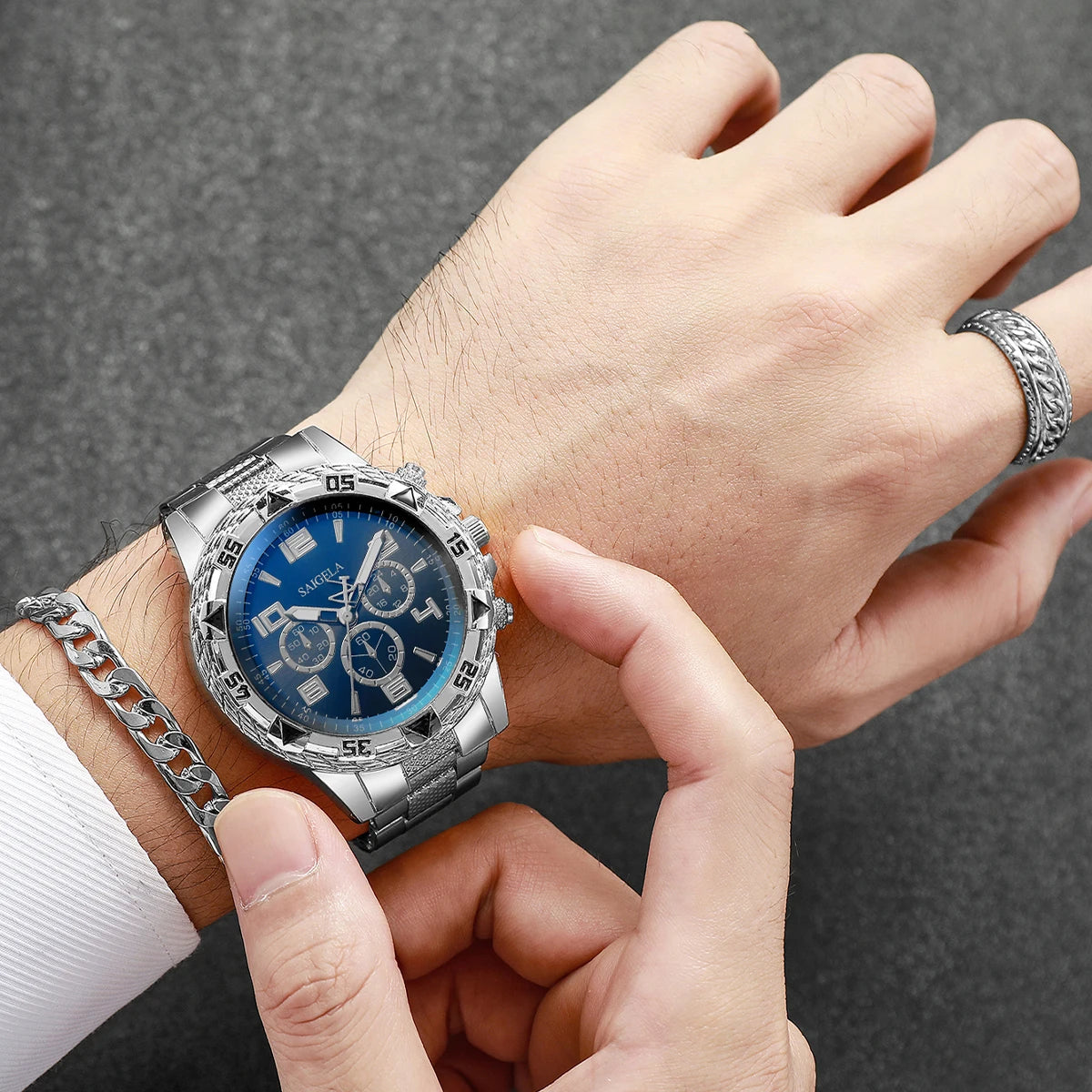 4pcs/set Men's Watches Fashion Arabic Dial Quartz Watch Male's Silver Band Wristwatches Jewelry Set (Without Box)