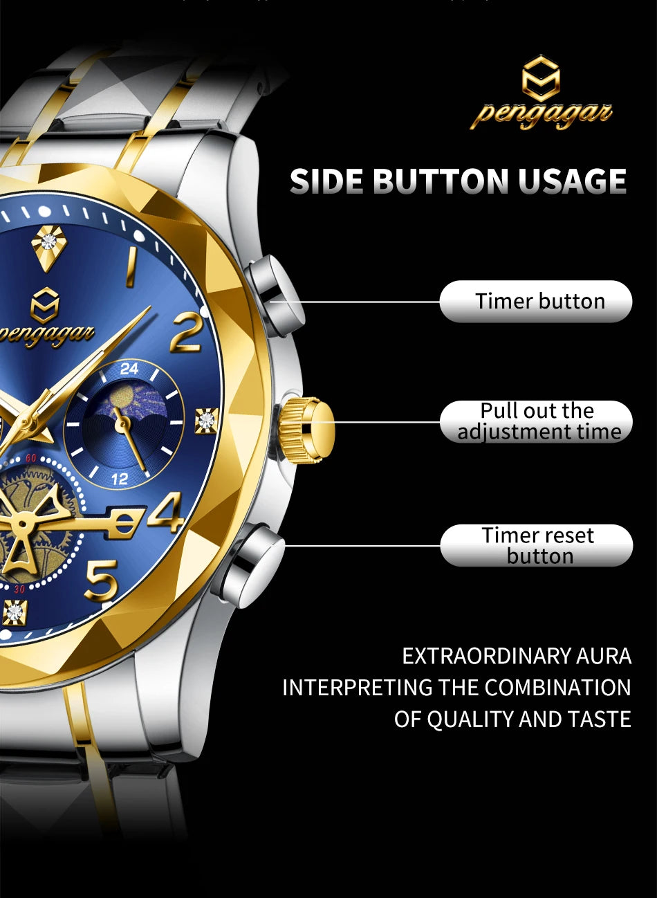 PENGAGAR Luxury Man Wristwatch Chronograph Waterproof Luminous Men Watch Stainless Steel High Quality Sport Men's Quartz Watches