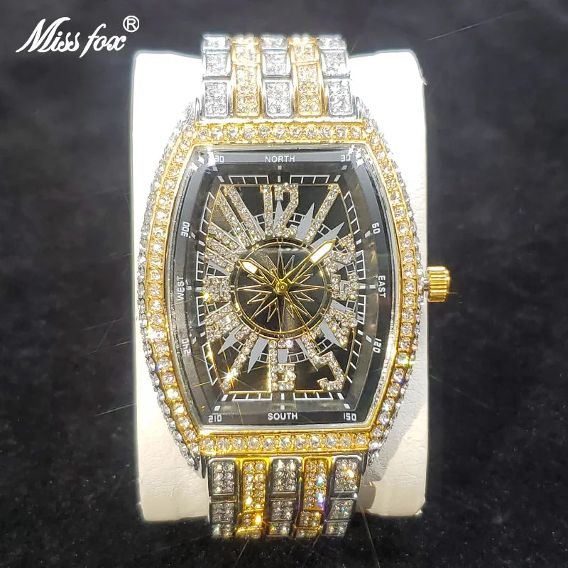 Classic 55mm Black Dial Wristwatch Men Famous Brand Diamond Silver Quartz Watch Original Ice Out Shiny Waterproof Clock 2023 New