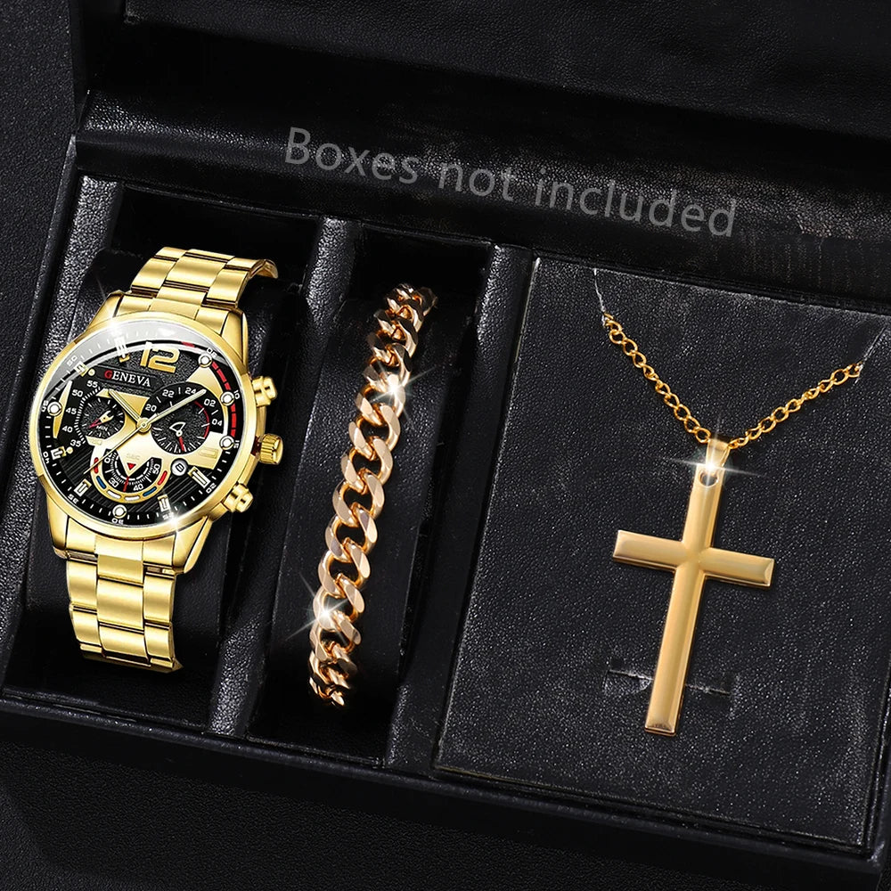 3PCS/SET Men's Calendar Quartz Watch Business Fashion Alloy Watch Set Necklace and Bracelet Set Ideal Choice for Gifts