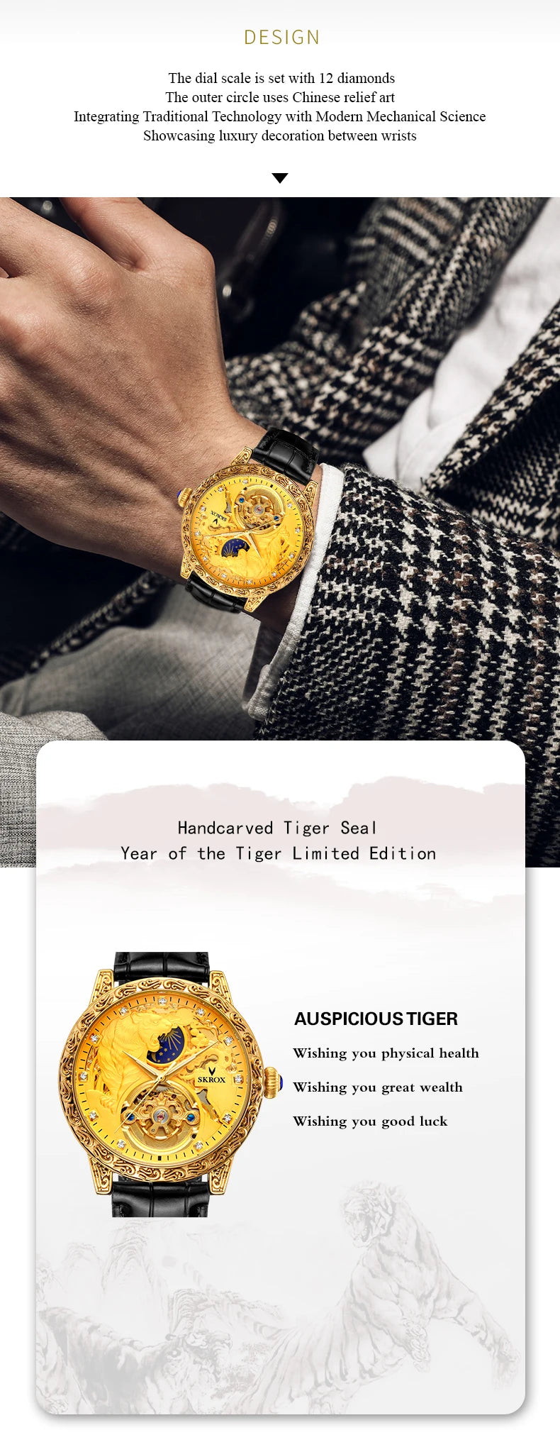 SKROX Original Gold Tiger Diamond Elegant Men's Watch Moon Phase Tourbillon Automatic Mechanical High-end Luxury Male Clockwork