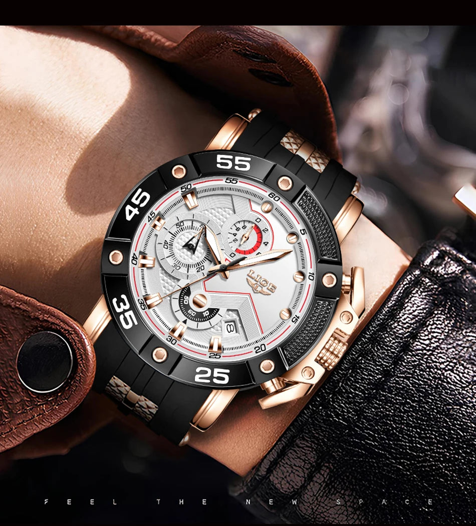 LIGE Mens Watches Top Brand Luxury Big Dial Watch Men Silicone Military Sports Waterproof Quartz Watch For Men Relogio Masculino