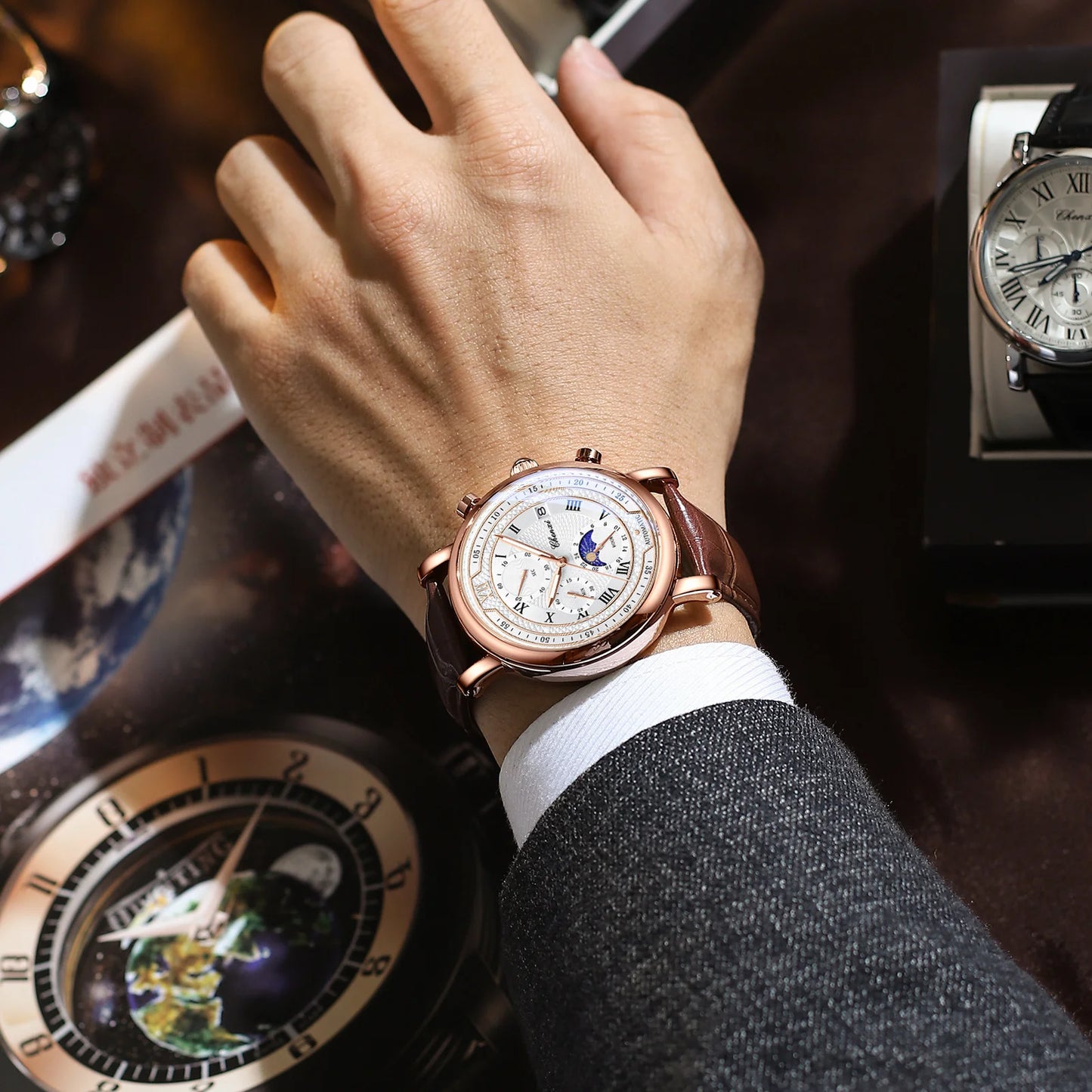CHENXI 976 Men's Watch Leather Chronograph Date Quartz Watches Phase Moon Timing Business Luminous Wrist Watch Relojes para
