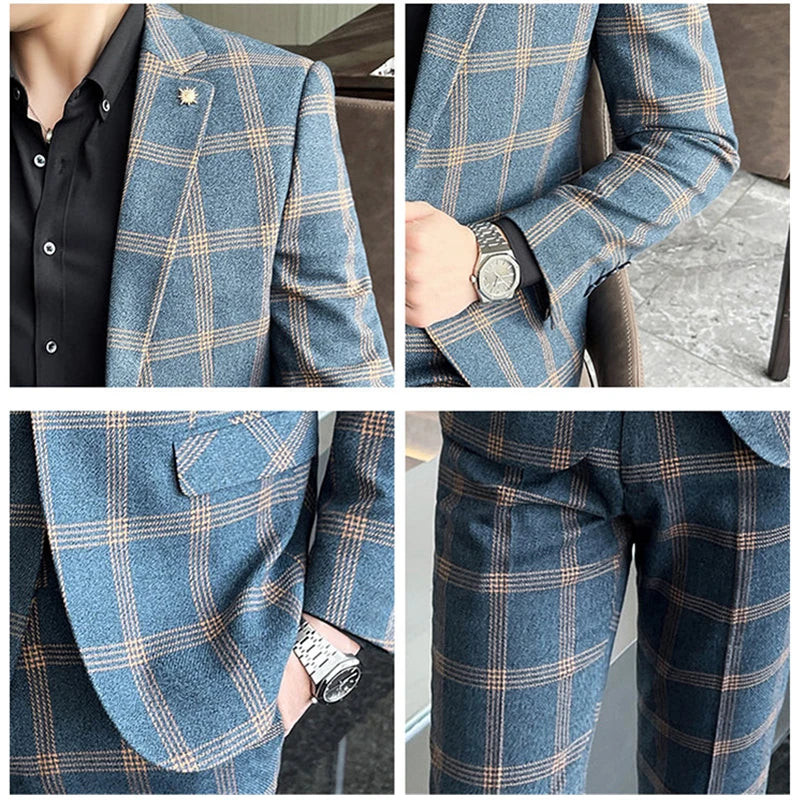 Blazers Pants Set 2 Pieces Set, 2024 Men's Business Casual Men Plaid Suit Jacket and Trousers, Asian Size M-5XL