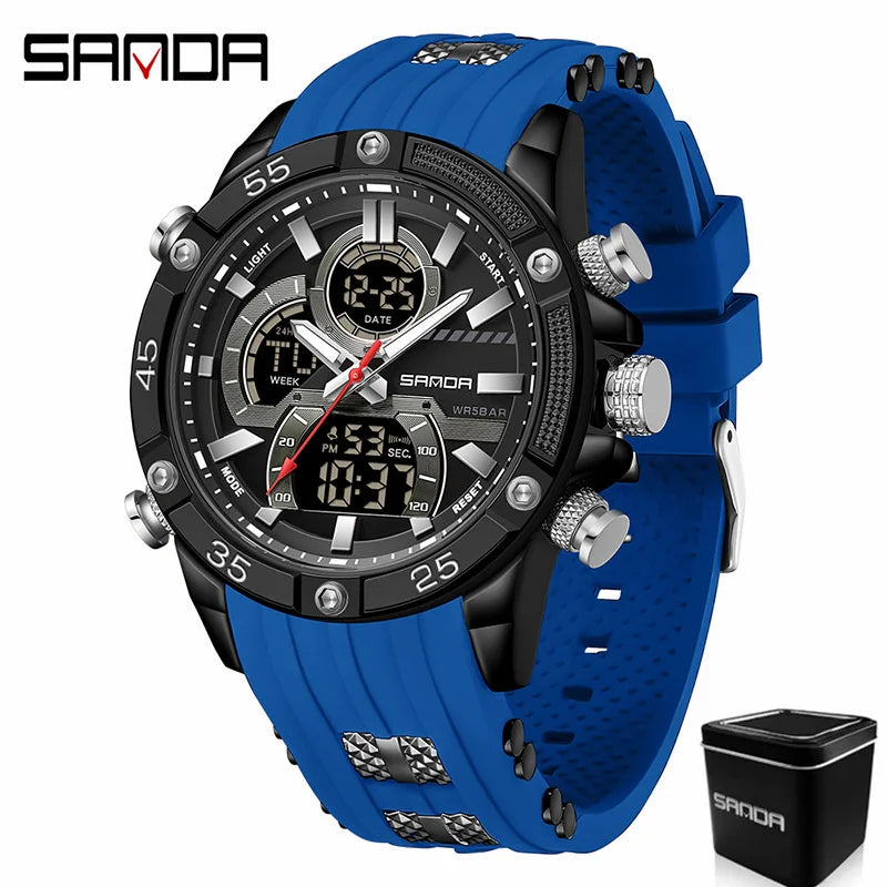 SANDA 6162 Men's Electronic Watch Creative Sports Waterproof Luminous Chronograph Pointer Digital Dual Display Wristwatches
