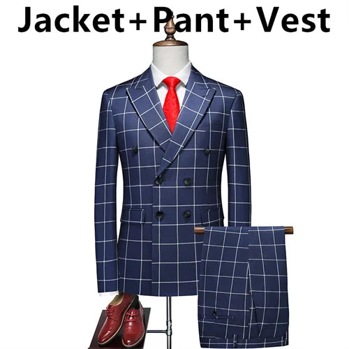 (Jacket +Pant+Vest) Luxury Men Groom Wedding Suits High Quality Business Social Prom Party Double Breasted Plaid Dress 3 Piece