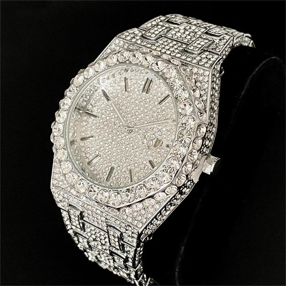 2024 New Hip Hop Mens Quartz Watch Brand MISSFOX Luxury Automatic Date Iced Out Clocks Man Fashion Green Full Diamond Wristwatch