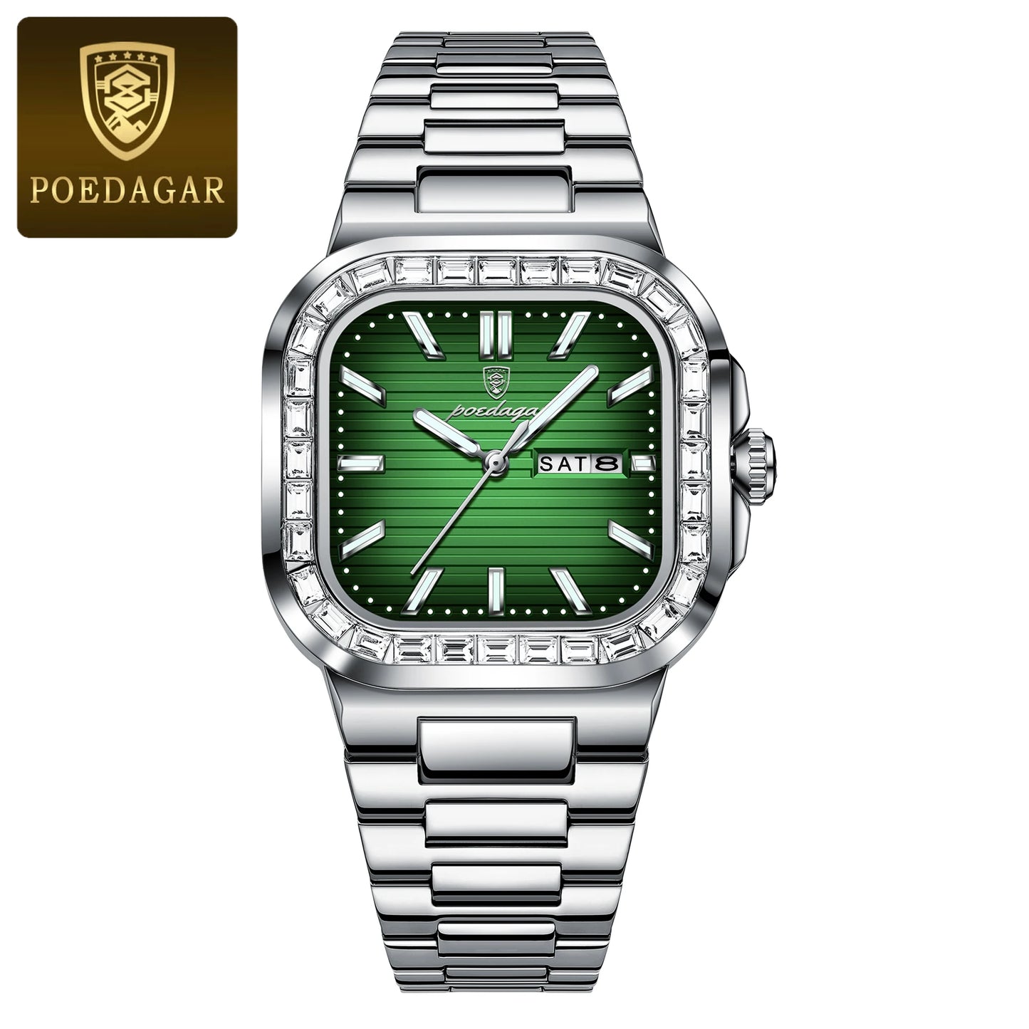POEDAGAR Top Brand Luxury Watch for Men Waterproof Luminous Date Week Man Wristwatch Stainless Steel Square Quartz Men's Watches