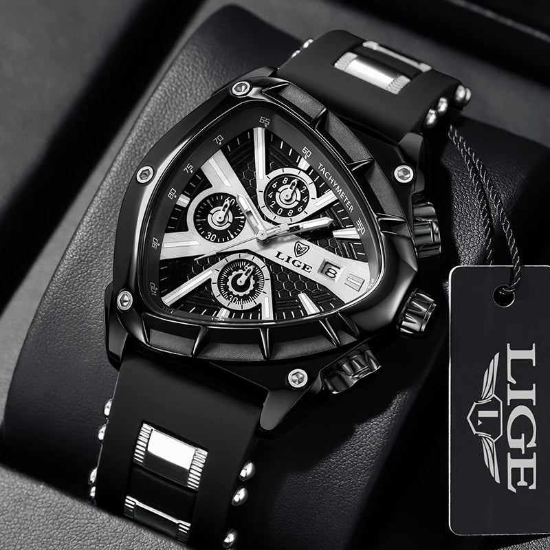LIGE Fashion Men Watch Triangle Chronograph Military Wristwatch Sport Army Mens Watches Luxury Waterproof Quartz Clock Man Reloj