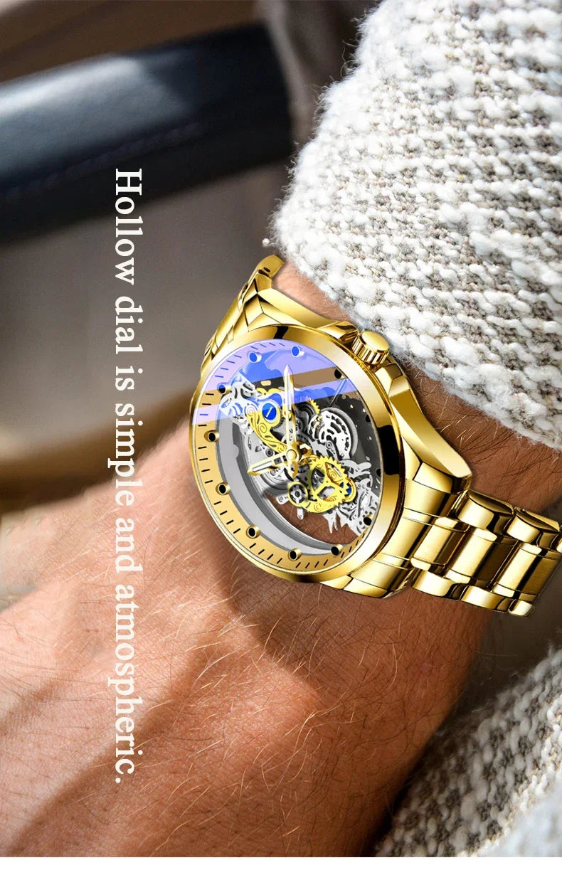 2024 New Men Watch Skeleton Quartz Wristwatch Gold Skeleton Retro Man Watch Top Brand Luxury Clock Mens Watches Reloj Hombre
