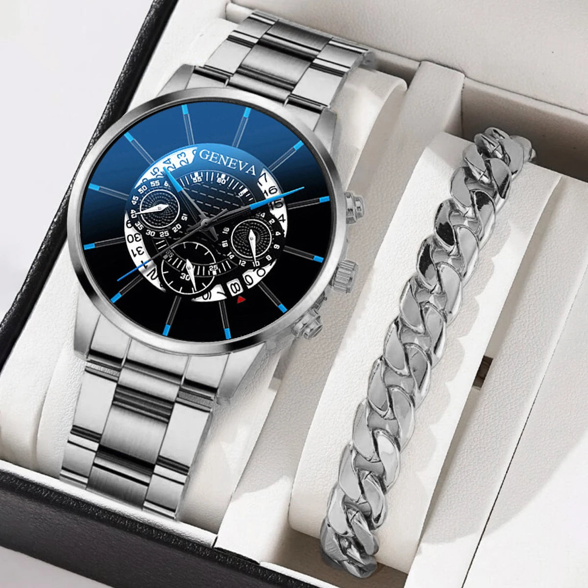 2PCS Men Business Watch Fashion Big Dial Steel Band Calendar Watches Sports Quartz Wristwatch Relogio Masculino(Without Box)