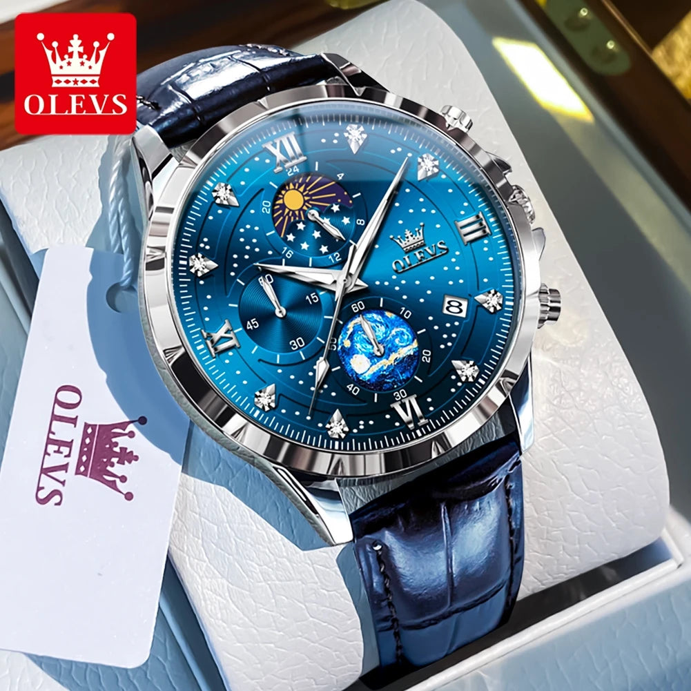 OLEVS 9807 New Man Watch Starry Sky Moon Phase Chronograph Waterproof Luminous Auto Date Hand Clock Luxury Quartz Watch for Men
