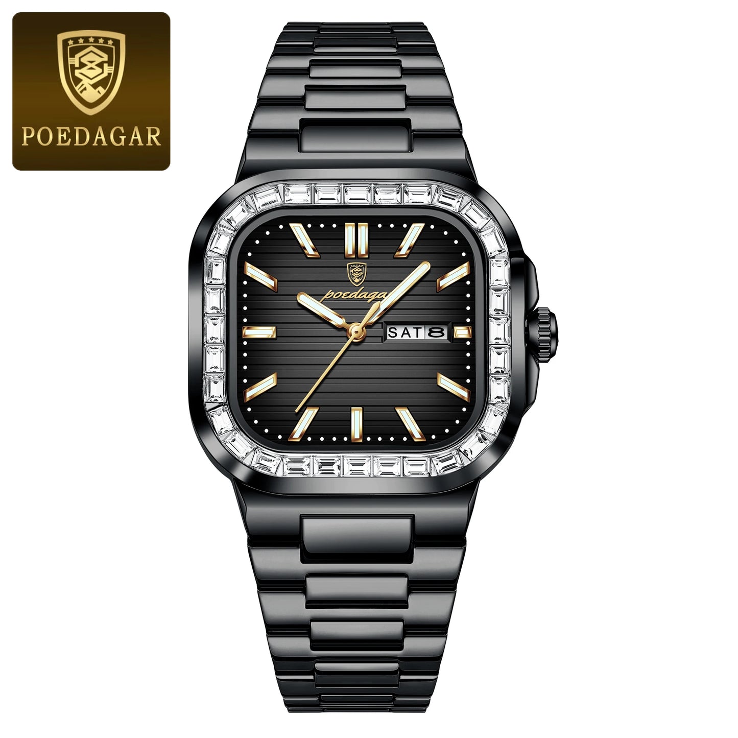 POEDAGAR Top Brand Luxury Watch for Men Waterproof Luminous Date Week Man Wristwatch Stainless Steel Square Quartz Men's Watches