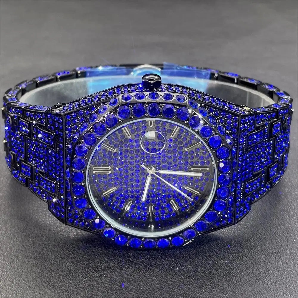 2024 New Hip Hop Mens Quartz Watch Brand MISSFOX Luxury Automatic Date Iced Out Clocks Man Fashion Green Full Diamond Wristwatch