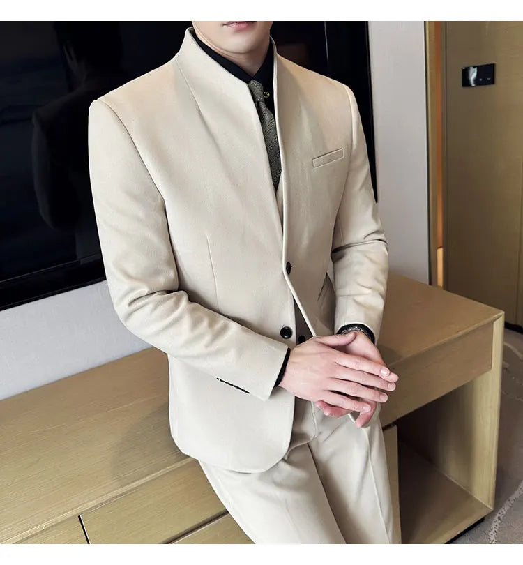 Korean Style Men's Suit Set Slim Fit Business Suit Wool Blazer Three Piece Set Elegant Social Formal Men's Clothing 5XL-M