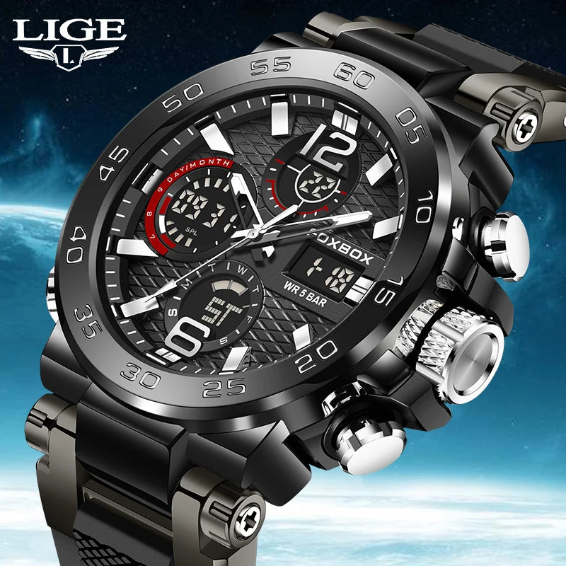 LIGE Luxury Mens Watch Fashion Man Quartz Wristwatch LED Display Luminous Waterproof Watches For Men Calendar Sport Male Clock