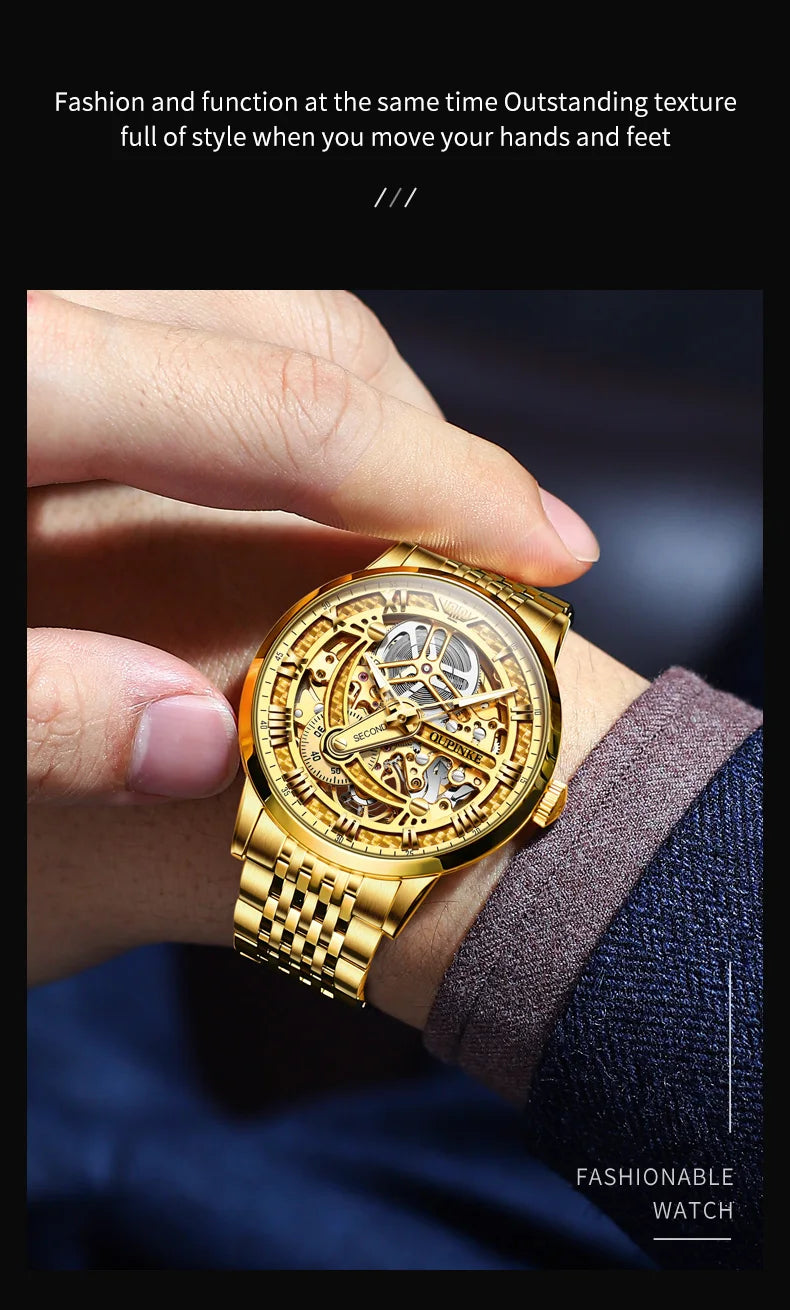 OUPINKE 3173 Luxury Gold Mechanical Watch For Men Hollow Top Brand Original Automatic Wristwatch 50M Waterproof Luminous Watches