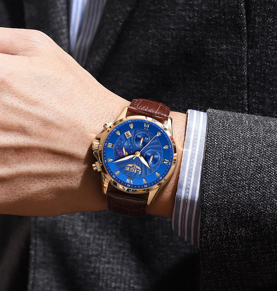 New Mens Watches LIGE Top Brand Luxury Leather Casual Quartz Watch Men's Sport Waterproof Clock Watch Relogios Masculino+Box