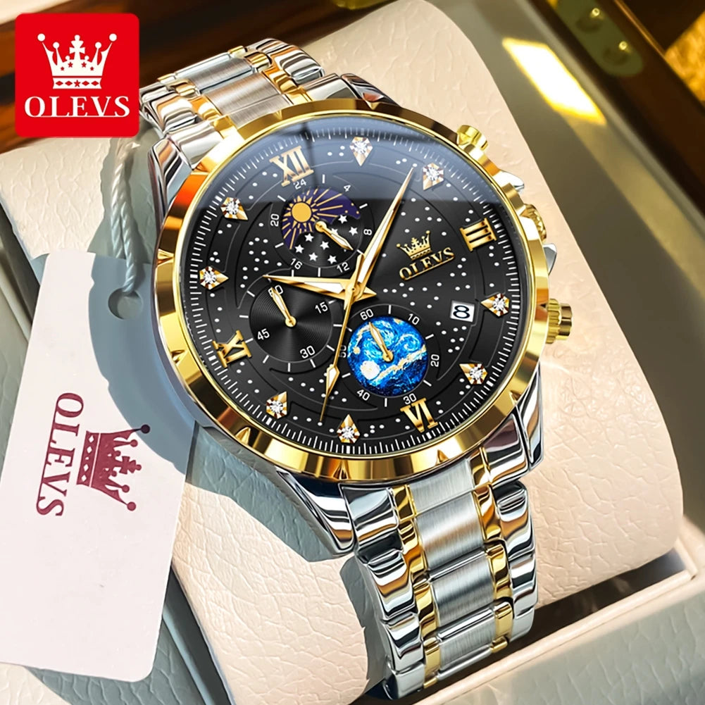 OLEVS 9807 New Man Watch Starry Sky Moon Phase Chronograph Waterproof Luminous Auto Date Hand Clock Luxury Quartz Watch for Men
