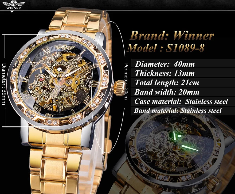 Fashion Winner Hot Top Brand Luxury Men Transparent Diamond Luminou Smovement Male Mechanical Skeleton Royal Design Wrist Watch