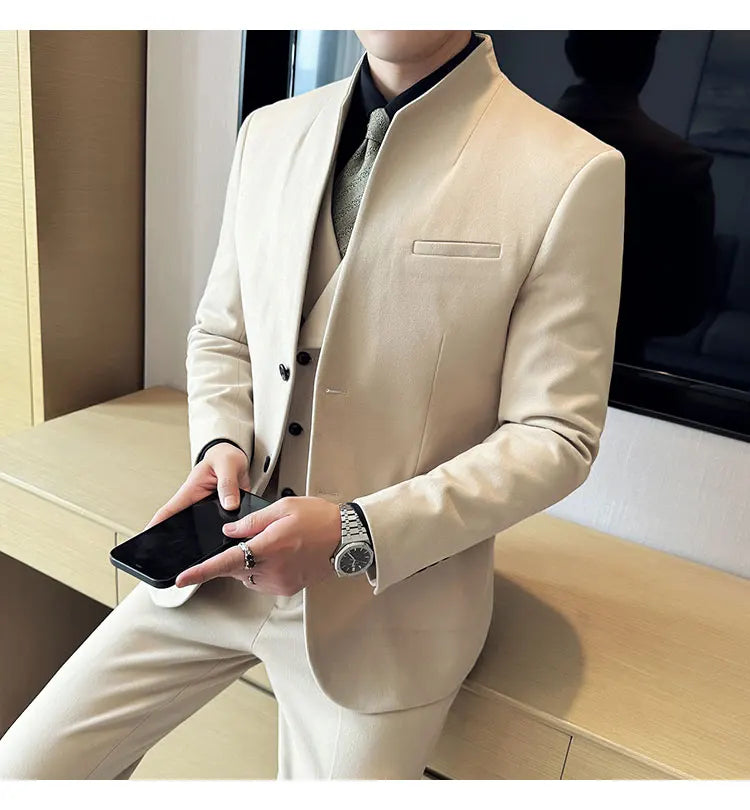 Korean Style Men's Suit Set Slim Fit Business Suit Wool Blazer Three Piece Set Elegant Social Formal Men's Clothing 5XL-M