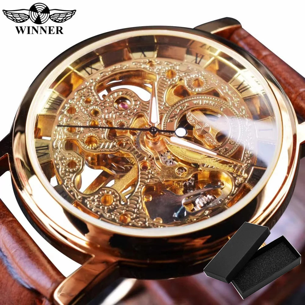 Winner Transparent Golden Case Luxury Casual Design Brown Leather Strap Mens Watches Top Brand Luxury Mechanical Skeleton Watch