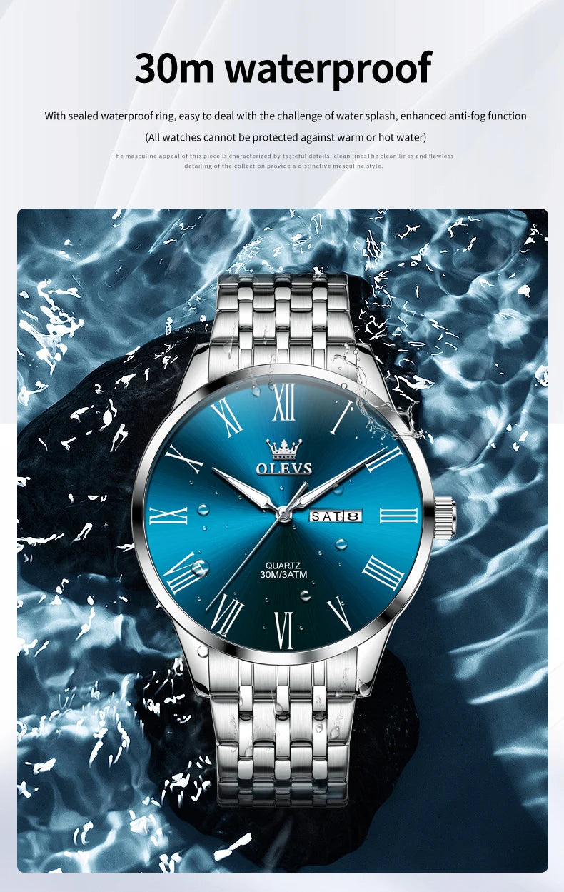 OLEVS 3633 Men's Watch Business Simply Original Quartz Watch for Man Waterproof Luminous Stainless Steel Dual Calendar Display