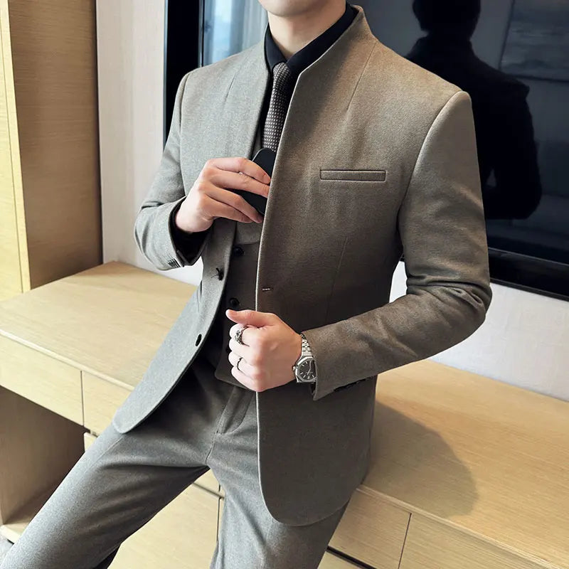 Korean Style Men's Suit Set Slim Fit Business Suit Wool Blazer Three Piece Set Elegant Social Formal Men's Clothing 5XL-M