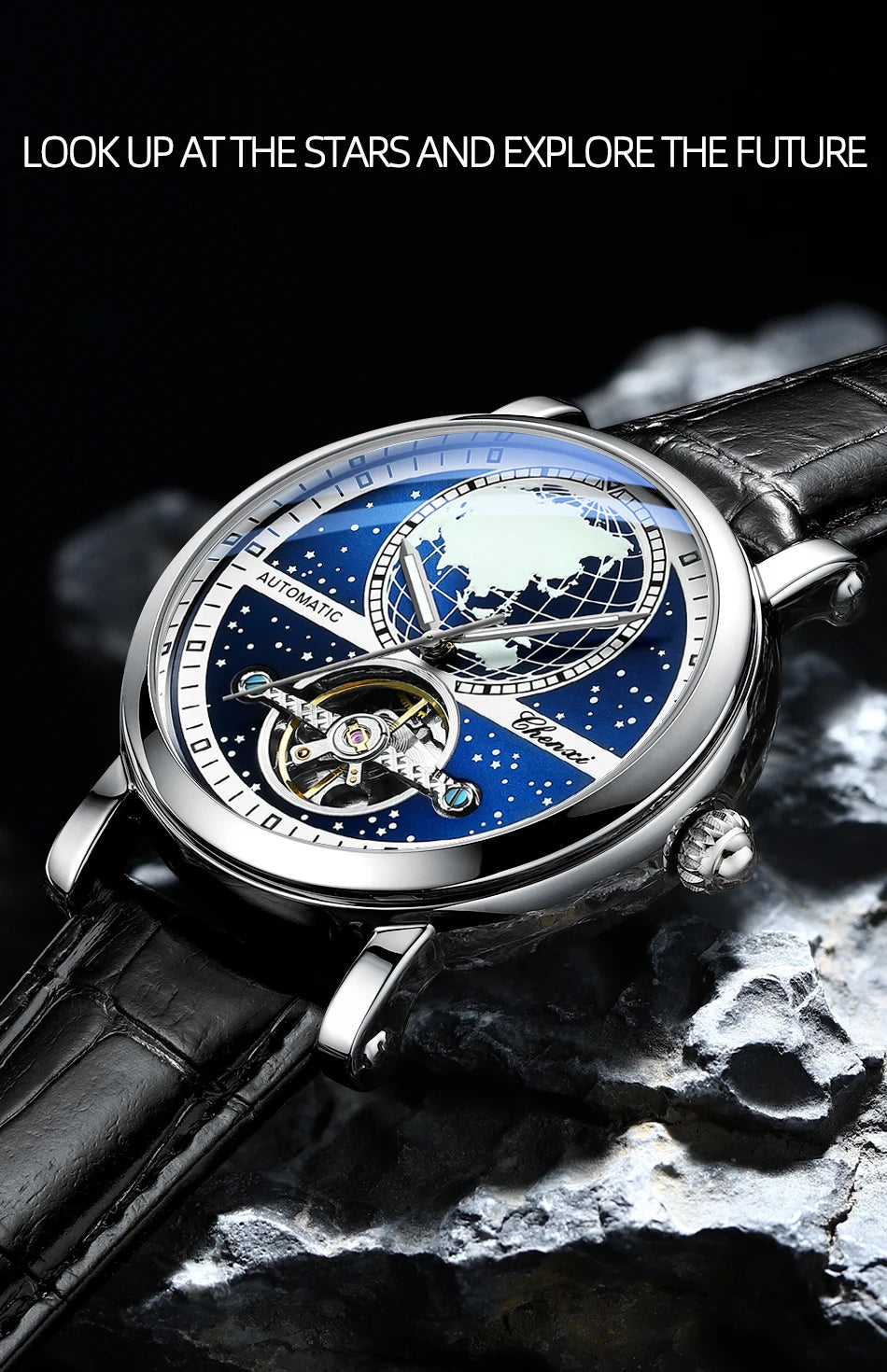 CHENXI Tourbillon Mens Watch Automatic Mechanical 8871 Classic Map Dial Waterproof Luminous Leather Watches for Men Reloj Hombre