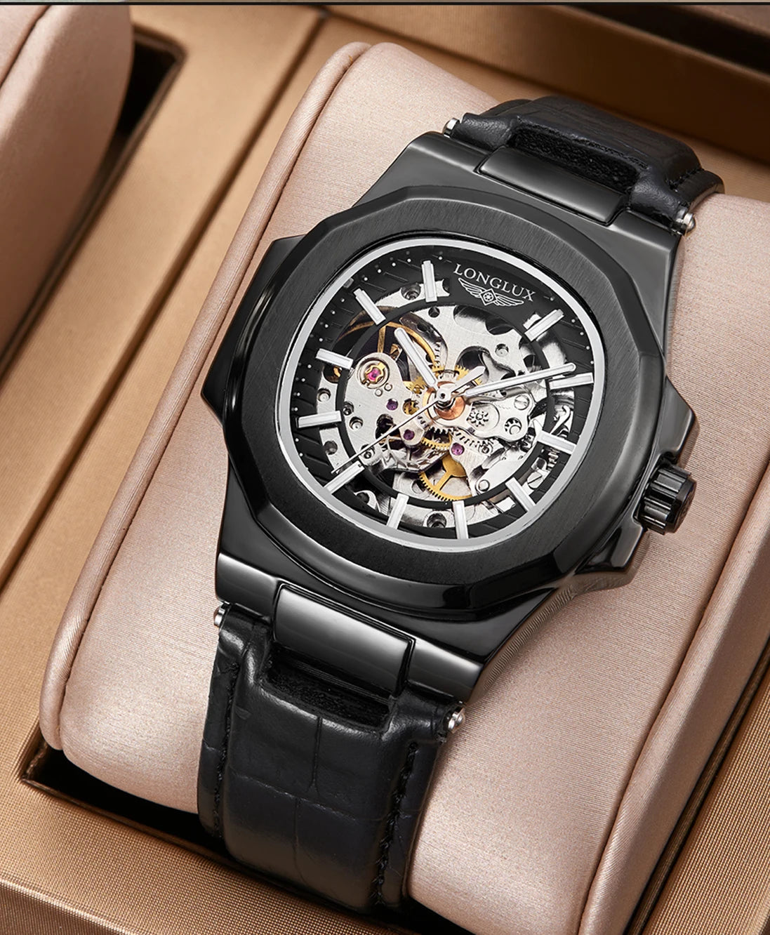 LONGLUX automatic man watch sport style wholesale mechanical wristwatches fashion hollow leather man watch men gift