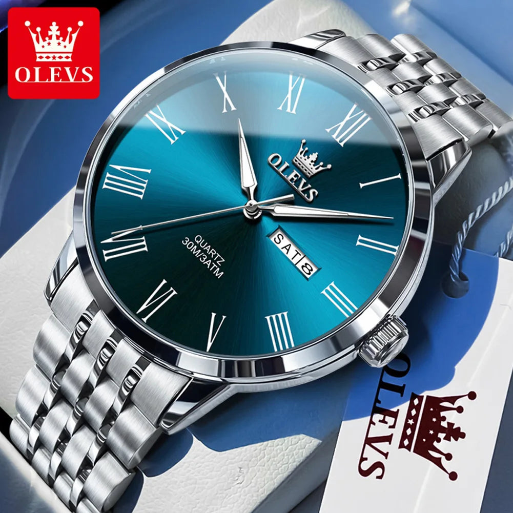 OLEVS 3633 Men's Watch Business Simply Original Quartz Watch for Man Waterproof Luminous Stainless Steel Dual Calendar Display