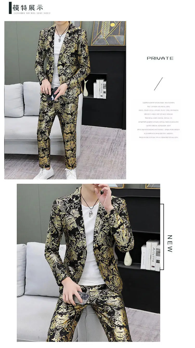 Men's Suit Set Shiny Gold and Silver 2-piece Set Korean Fashion Host Wedding Set Suit Jacket+pants Men's Hot Stamping Clothing
