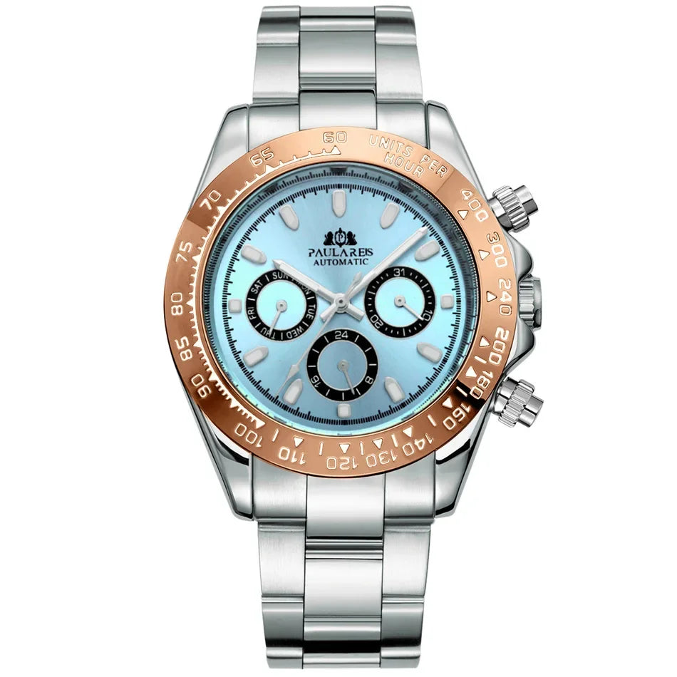 Automatic Watches Self Wind Mechanical Gold Stainless Steel Glacier Ice Blue Dial Chestnut Brown Bezel Luminous Men Watch