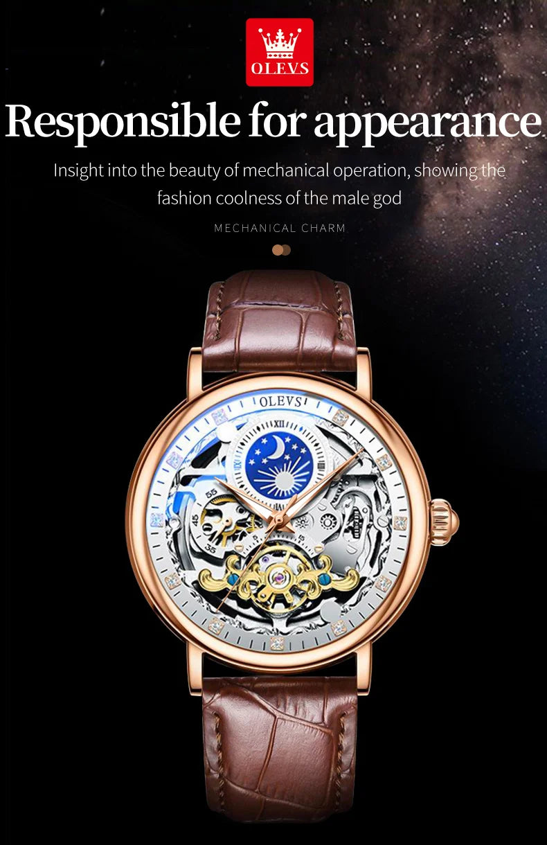 OLEVS Top Brand Luxury Mechanical Watch Men Leather Waterproof Moon Phase Automatic Wristatches Man Clock with Luminous Hands