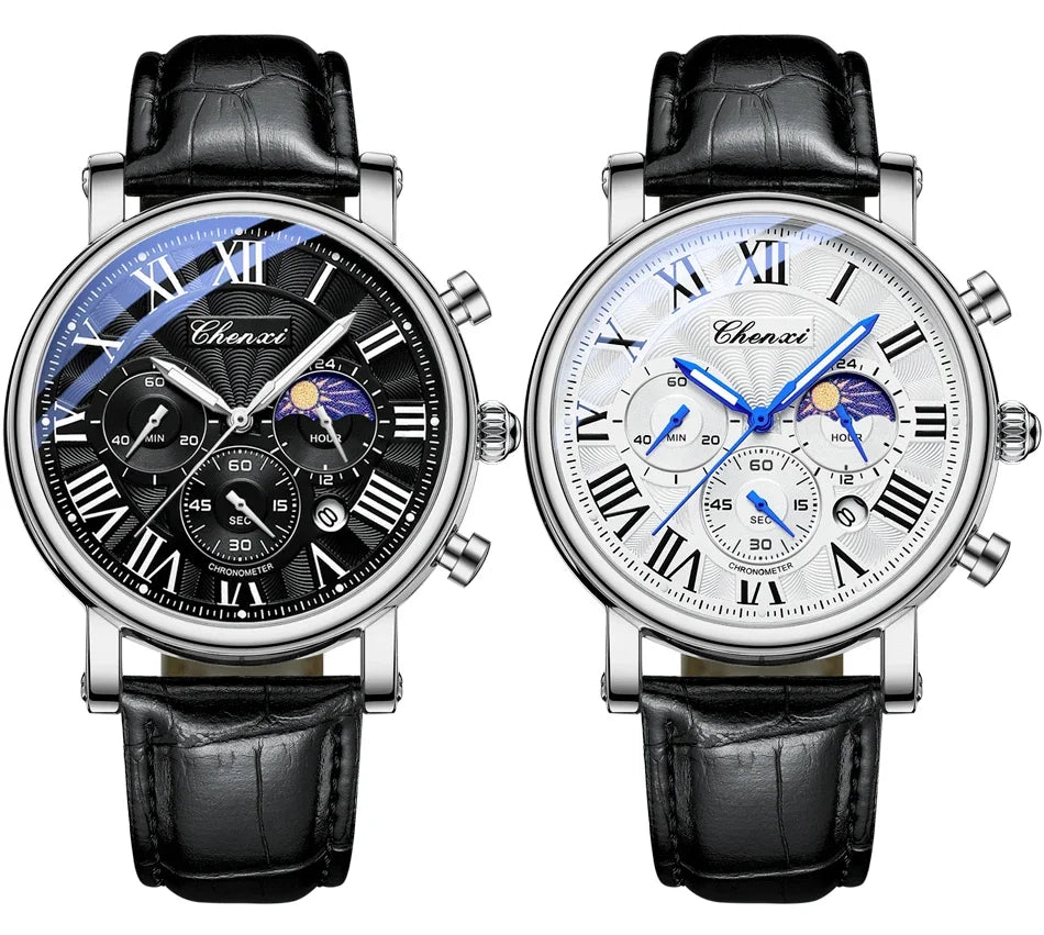 CHENXI 2024 Watches For Men Leather Strap Skeleton Quartz Sweep Second Movement Mens Watch Waterproof Chronograph Wristwatches