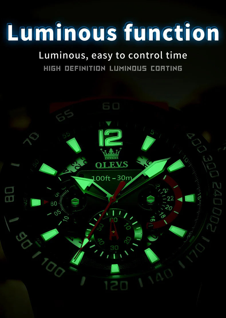OLEVS 9936 Silicone Strap Multi-function Men Wristwatch, Waterproof Quartz Sport Watch For Men Luminous Chronograph Calendar