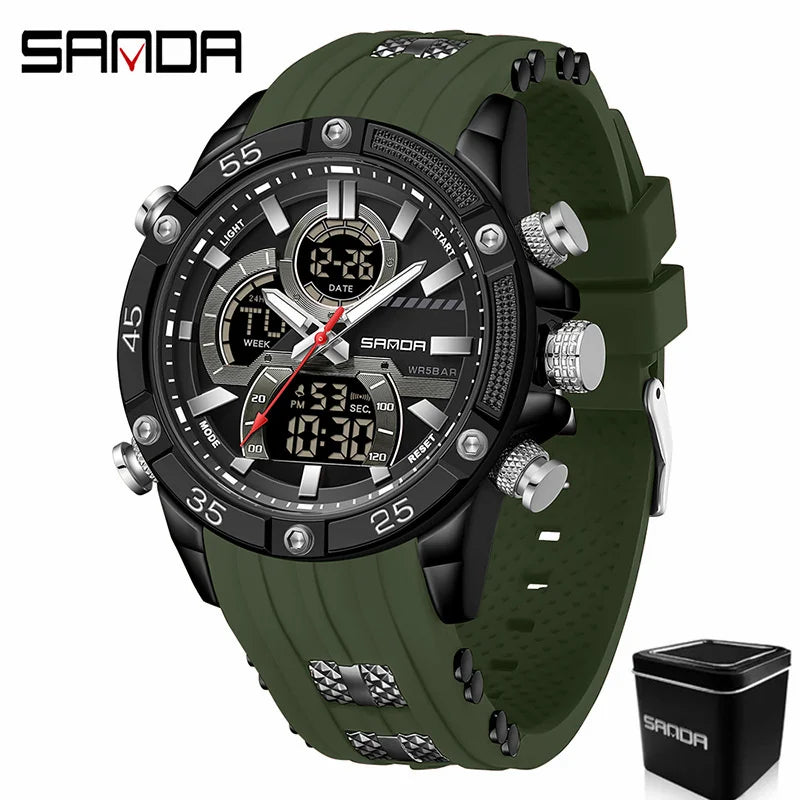 SANDA 6162 Men's Electronic Watch Creative Sports Waterproof Luminous Chronograph Pointer Digital Dual Display Wristwatches