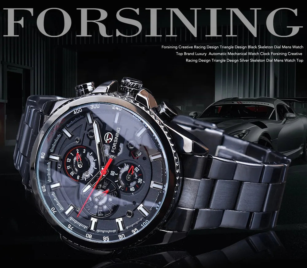 Forsining Top Men's Watches Military Stainless Steel Waterproof Date Week Display Brand Automatic Mechanical Watch for Men