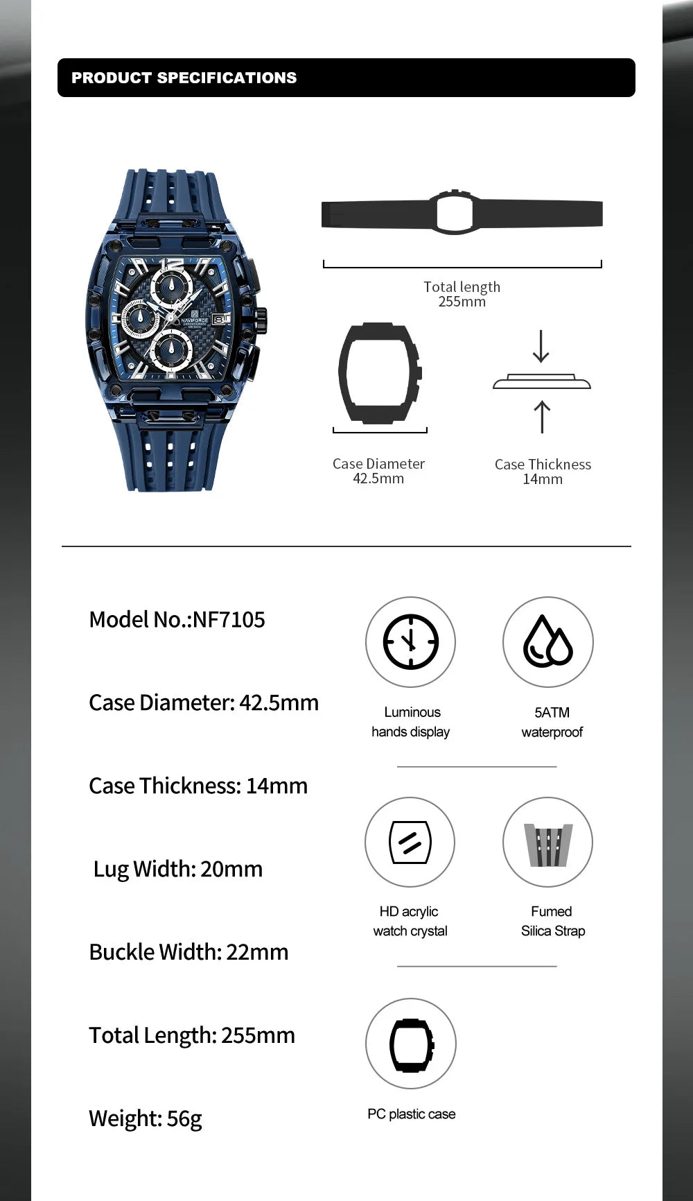 NAVIFORCE Men's Watch High Quality Quartz Fashion Clock Waterproof Silicone Tape Watch for Men Luminous Date Sports Wristwatches