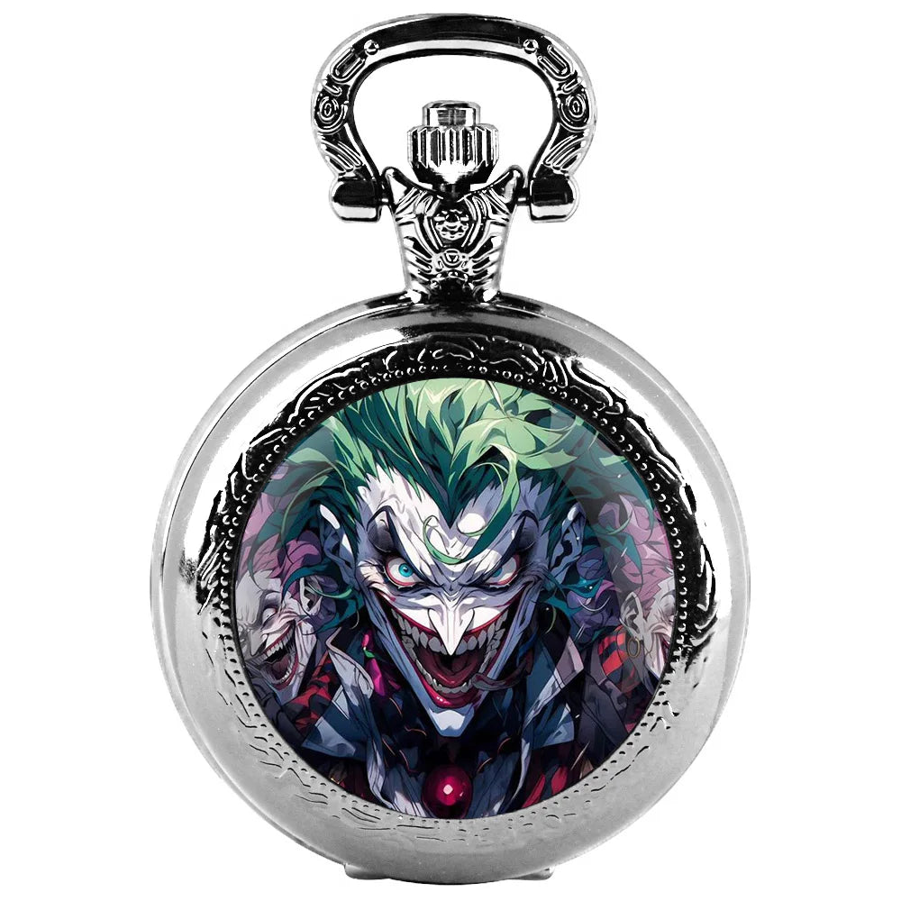 Joker Themed Glass Dome Quartz Pocket Watch Classic Arabic Numeral Dial with Durable Chain for Men Creative Gifts