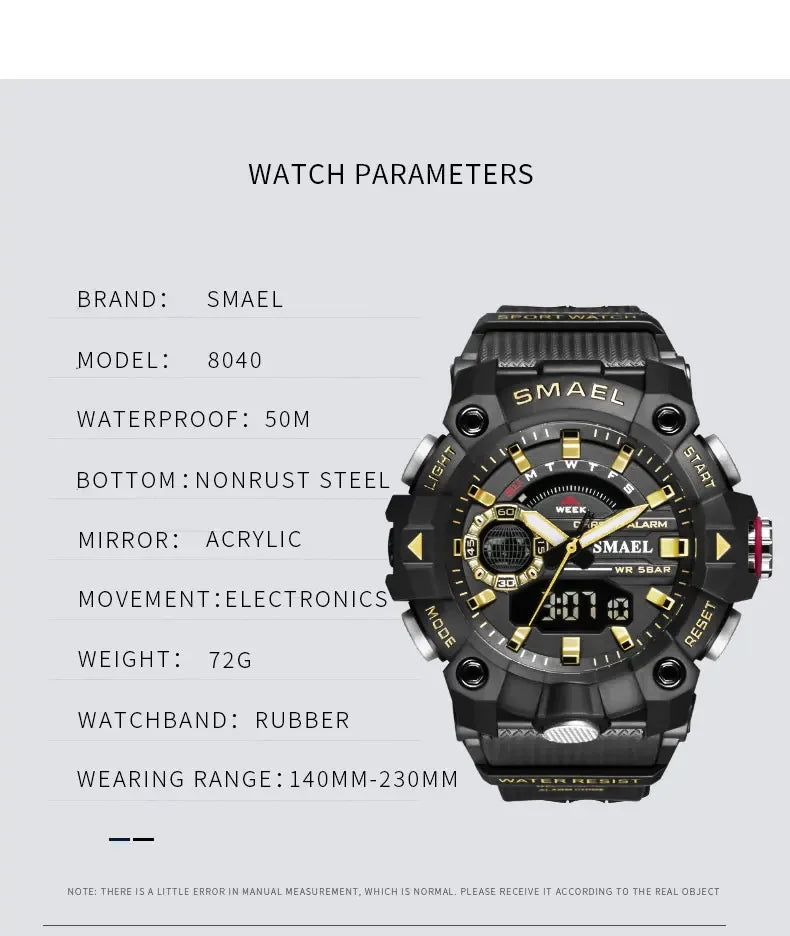 SMAEL 8040 50M Waterproof Wristwatch Stopwatch Alarm LED Light Digital Watches Men's Sports Watch Military Watches Men Watch