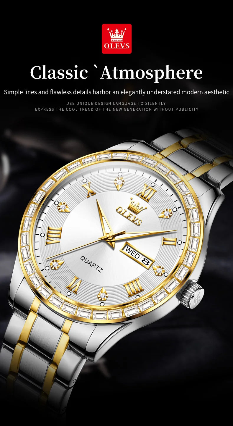 OLEVS 9906 Quartz Men's Watch Classic Fashion Men's Business Waterproof Stainless Steel Diamond dial Top Luxury Brand Men Watch