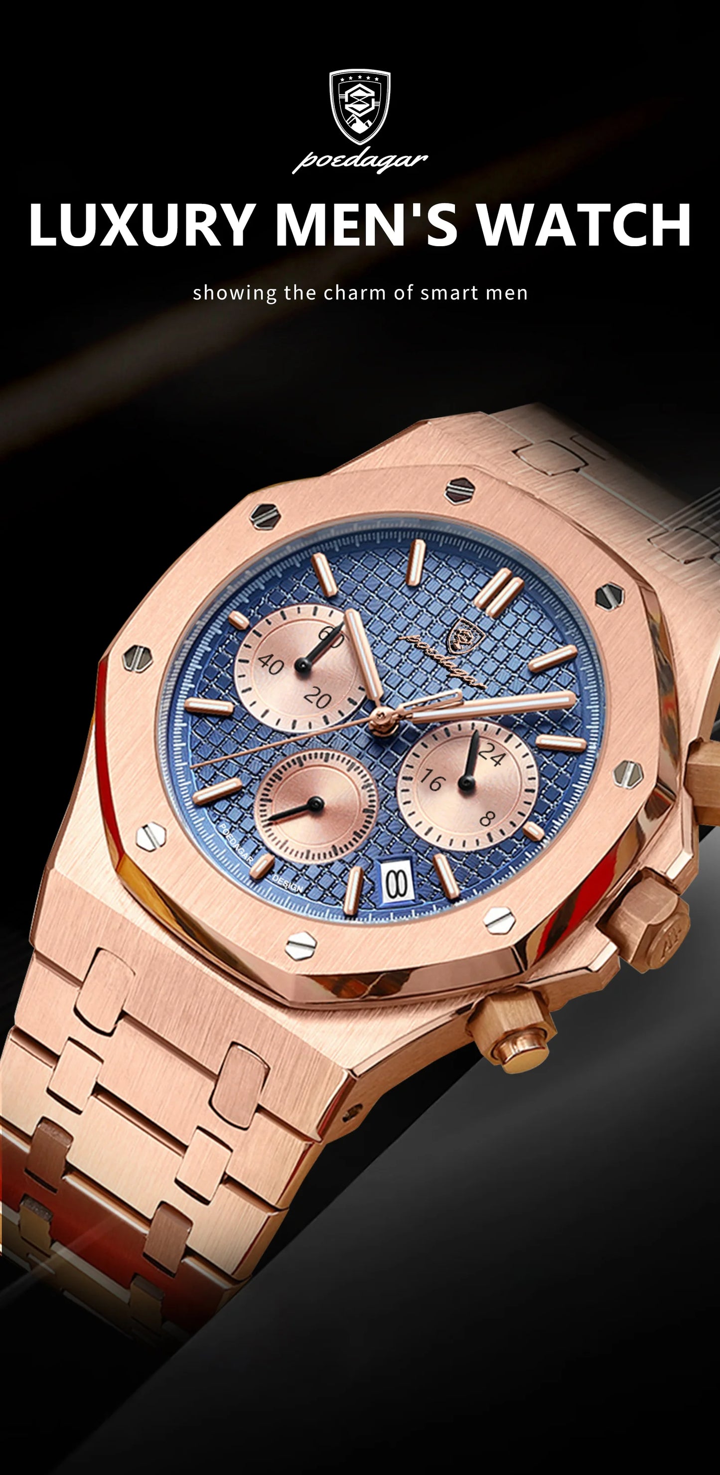 POEDAGAR Classic Men's Watches Trend Fashion Original Quartz Watch for Man Waterproof Fine Steel Chronograph Wristwatch Date