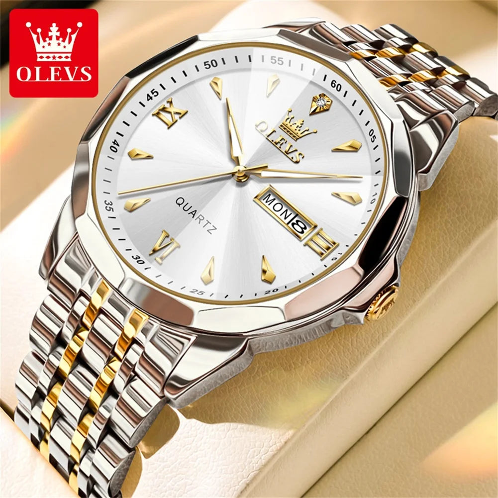 OLEVS 9998 Mens Watch Original Rhombus Mirror Quartz Mature Man Watch Waterproof Luminous Dual Calendar Display Watch For Man