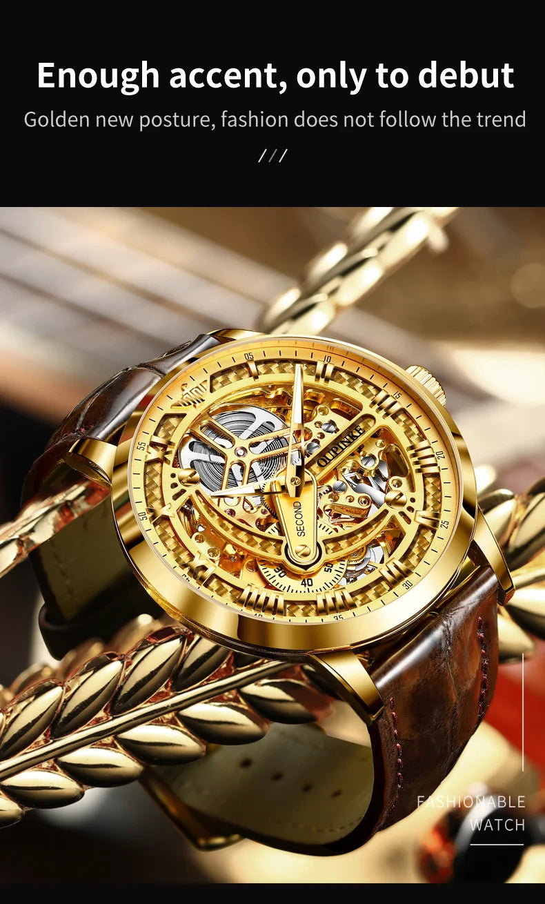 OUPINKE 3173 Luxury Gold Mechanical Watch For Men Hollow Top Brand Original Automatic Wristwatch 50M Waterproof Luminous Watches